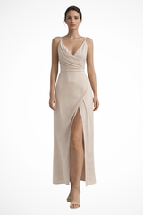 Women’s Wedding Guest Slit Maxi Dress with Draped Bodice