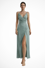 Women’s Wedding Guest Slit Maxi Dress with Draped Bodice