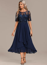 Women's Lace Short Sleeve Dress with Round Neck and Elegant Design