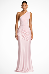 Robe maxi en satin pour femme, à une épaule, drapée, idéale pour les invitées de mariage