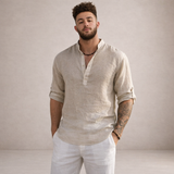 Camicia da uomo in lino, vestibilità regolare, traspirante, collo alla coreana, maniche lunghe