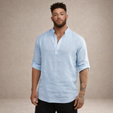 Camicia da uomo in lino, vestibilità regolare, traspirante, collo alla coreana, maniche lunghe