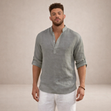 Camicia da uomo in lino, vestibilità regolare, traspirante, collo alla coreana, maniche lunghe