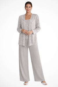 Dámský třídílný svatební kostým s flitrovou krajkovou bundou a širokými kalhotami pro hosty