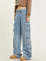 Women's Wide-Leg Cargo Jeans with Pockets - Light Blue Denim