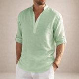 Camicia da uomo in lino, vestibilità regolare, traspirante, collo alla coreana, maniche lunghe