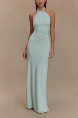 Women Halter Neck Twisted Knot Open Back Bodycon Wedding Guest Maxi Dress