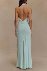 Women Halter Neck Twisted Knot Open Back Bodycon Wedding Guest Maxi Dress
