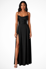 Women's Cowl Neck Side Slit Wedding Guest Satin Maxi Dress