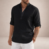 Camicia da uomo in lino, vestibilità regolare, traspirante, collo alla coreana, maniche lunghe