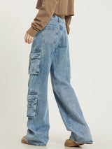 Women's Wide-Leg Cargo Jeans with Pockets - Light Blue Denim