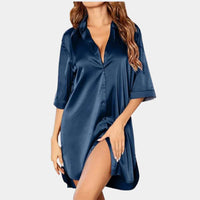 Nachthemd dames blauw met knopen en korte mouwen voorzijde