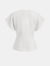 White V-neck top with gold button detail, back view isolated
