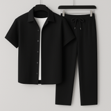 Men's Linen-Style Summer Set with Drawstring Pants and Relaxed Fit Shirt