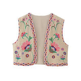 Boho-Style Floral Embroidered Vest with Open Front