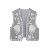 Boho-Style Floral Embroidered Vest with Open Front