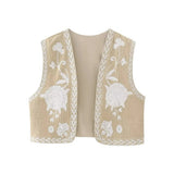 Boho-Style Floral Embroidered Vest with Open Front