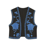 Boho-Style Floral Embroidered Vest with Open Front