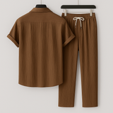 Men's Linen-Style Summer Set with Drawstring Pants and Relaxed Fit Shirt