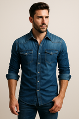 Men's Slim Fit Denim Shirt with Snap Buttons