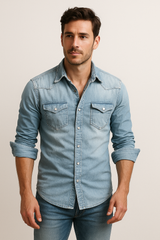 Men's Slim Fit Denim Shirt with Snap Buttons
