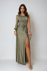 Elegante jurk met split en knoopdetail, olijfgroen, front view