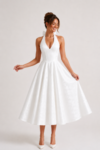 Elegante abito midi con scollo all'americana e gonna ampia