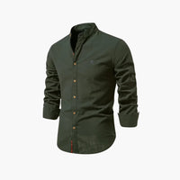 Men's long-sleeved shirt with stand-up collar and button closure