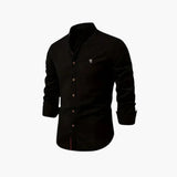 Men's long-sleeved shirt with stand-up collar and button closure