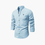 Men's long-sleeved shirt with stand-up collar and button closure