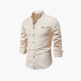 Men's long-sleeved shirt with stand-up collar and button closure