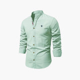 Men's long-sleeved shirt with stand-up collar and button closure