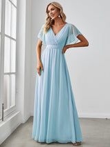 V-Neck Flutter Sleeve Floor-Length A-Line Chiffon Evening Dress #color_Sky Blue