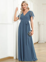 V-Neck Flutter Sleeve Floor-Length A-Line Chiffon Evening Dress #color_Dusty Blue
