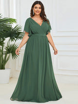 V-Neck Flutter Sleeve Floor-Length A-Line Chiffon Evening Dress #color_Eucalyptus Green