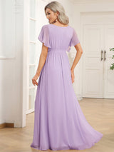 V-Neck Flutter Sleeve Floor-Length A-Line Chiffon Evening Dress #color_Frosted Lilac