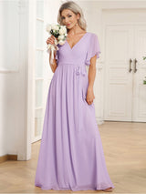V-Neck Flutter Sleeve Floor-Length A-Line Chiffon Evening Dress #color_Frosted Lilac