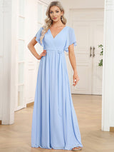 V-Neck Flutter Sleeve Floor-Length A-Line Chiffon Evening Dress #color_Ice Blue