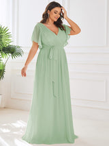 V-Neck Flutter Sleeve Floor-Length A-Line Chiffon Evening Dress #color_Mint Green