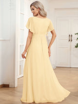 V-Neck Flutter Sleeve Floor-Length A-Line Chiffon Evening Dress #color_Yellow
