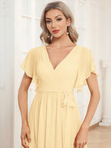 V-Neck Flutter Sleeve Floor-Length A-Line Chiffon Evening Dress #color_Yellow
