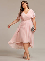 Chic V Neck High-Low Wedding Guest Dress #color_Pink