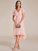 Chic V Neck High-Low Wedding Guest Dress #color_Pink