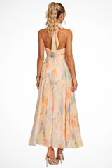 Women's Halter Neck Floral Print Wedding Guest Chiffon Maxi Dress
