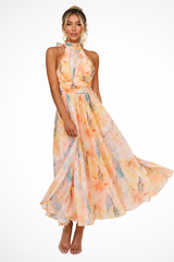 Women's Halter Neck Floral Print Wedding Guest Chiffon Maxi Dress