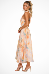 Women's Halter Neck Floral Print Wedding Guest Chiffon Maxi Dress