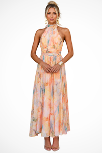 Women's Halter Neck Floral Print Wedding Guest Chiffon Maxi Dress
