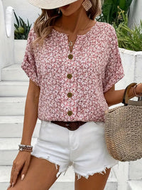 Women's Floral Print V-Neck Button-Down Short Sleeve Blouse