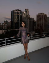 Shiny Mini Party Dress with Feathered Cuffs