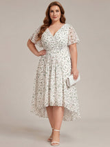 Chic V Neck High-Low Wedding Guest Dress #color_White Green